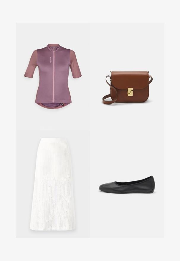 Koszulka kolarska z krótkim rękawem w jasnym fiolecie, z zamkiem błyskawicznym z przodu, kontrastowymi, teksturowanymi rękawami oraz zaokrąglonym dołem dla większej swobody ruchów.; Dzianinowa biała spódnica midi z fakturowanym wzorem w pionowe linie oraz wycięciami przy dolnej krawędzi. Elastyczny pas. Miękki materiał.; Czarne skórzane baletki z zaokrąglonym noskiem, gładką fakturą, minimalnymi przeszyciami i elastycznym designem podeszwy.; Brązowa skórzana torebka na ramię z klapką, złotymi detalami, paskiem na ramię i gładką teksturą. Kompaktowy prostokątny kształt.
