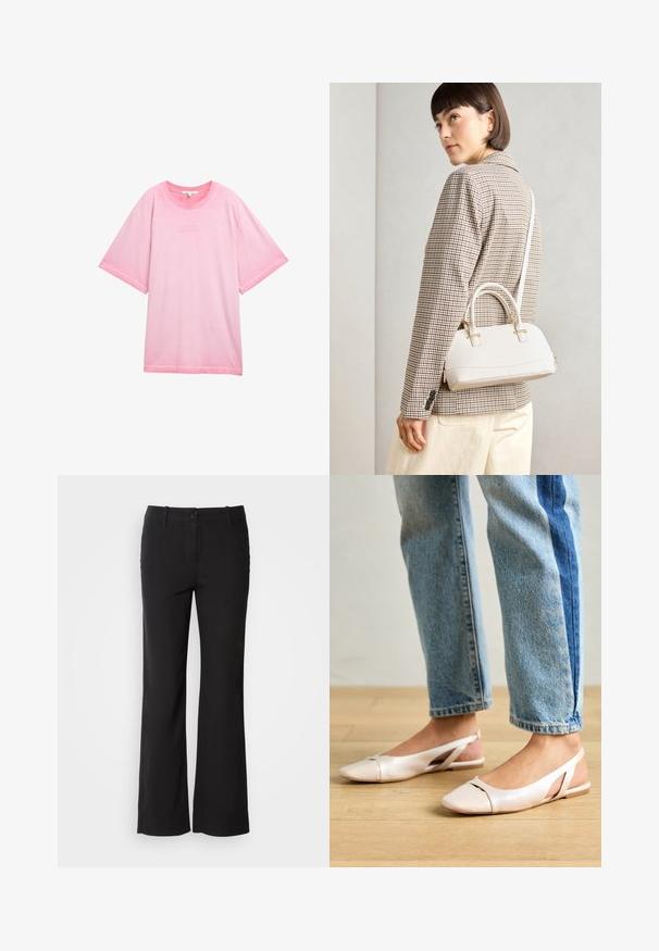 Roosa üleriided T-särk on valmistatud pehmest puuvillast. Särgil on ümar kaelus ja lühikesed varrukad, ees on kiri "HEADE ASJADE KASVAMINE".; Mustad puuvillasegu püksid sirge lõikega, ees nupuga kinnitamine ja kaks külge taskut. Sile tekstuur, nähtavaid mustreid ei ole.; Kahvatu roosa slingback lapikute jalatsite paar, millel on terav varvas, valmistatud siledast nahataolisest materjalist. Omab külgedel lõikekohti ja lapikut kontsa.; Valge struktureeritud käekott lühikeste käepidemete ja õlavööga, millel on kuldse riistvara aktsendid ja tekstuuriga materjal, eksponeeritud halli taustal.