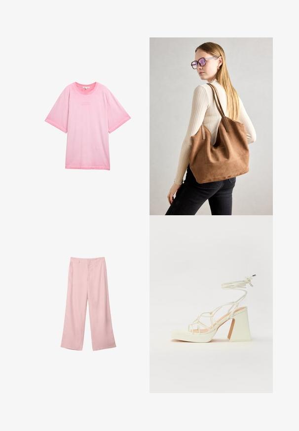 Valkoinen ylisuuri t-paita, joka on valmistettu pehmeästä puuvillasta. Siinä on pyöreä kaula-aukko ja lyhyet hihat, joissa on teksti "HYVÄT ASIAT KASVAVAT" painettuna etupuolelle.; Vaaleanpunaiset leveälahkeiset housut, jotka on valmistettu sileästä kankaasta. Niissä on muotoiltu vyötärö ja suoraviivaiset, virtaavat lahkeet ilman näkyviä kuvioita tai varusteita.; Valkoinen korkokenkä, jossa on paksu korko, ja joka sisältää nauhakiinnityksen ja nilkkaketjun. Sujuva pinta, jossa on platform-etupohja lisäkorkeutta varten.; Ruskea nubukkivuoriolaukku, jossa on pehmeä rakenne, tilava avaus ja pitkät hihnat. Ominaisuuksiin kuuluu yksinkertainen muotoilu näkyvine ompeleineen ja ilman metalliosia.