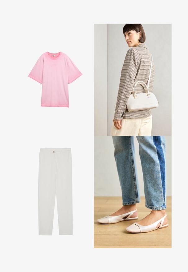 Tricou oversized roz, fabricat din bumbac moale. Are un guler rotund și mâneci scurte, cu textul "LUCRURI BUNE CRESC" imprimat pe față.; Pantaloni albi, croiți, cu un design drept al piciorului, având sistem de închidere cu nasture, bucle pentru curea și buzunare laterale; textură de țesătură netedă.; Sandalete plate de un roz pal cu vârf ascuțit, realizate dintr-un material asemănător pielii, neted. Prezintă detalii decupate pe laterale și un toc plat.; Geantă structurată albă, cu mânere scurte și curea de umăr, având accente din metal aurit și material texturat, expusă pe un fundal gri.