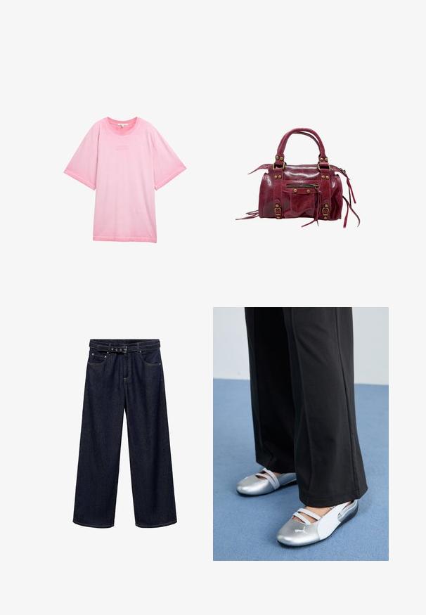 Valkoinen ylisuuri t-paita, joka on valmistettu pehmeästä puuvillasta. Siinä on pyöreä kaula-aukko ja lyhyet hihat, joissa on teksti "HYVÄT ASIAT KASVAVAT" painettuna etupuolelle.; Tummansiniset leveälahkeiset farkut, jotka on valmistettu denimistä. Ominaisuuksiin kuuluu vyötärönauha, jossa on vyölenkki ja useita nappeja, etupockets ja siisti viimeistely helmassa.; Hopeiset ja valkoiset litteät kengät, joissa on ristikkäin kulkevat hihnat ja tekstuuri, täydentävät löysiä mustia housuja. Taustalla sininen lattia.; Punainen nahkalaukku, joka on kiiltäväpintainen, rakenteellinen muoto, kaksinkertaiset kahvat, vetoketjullinen ylhäosa, koristeelliset soljet ja sivutasku, jossa on fringedetail.; Punaiset helmiraehoop-korvakorut, joissa on teksturoitu pinta ja kultasävyinen kiinnitys. Pyöreä muoto, avoin keskus ja pyöristetty helmikoristelu.