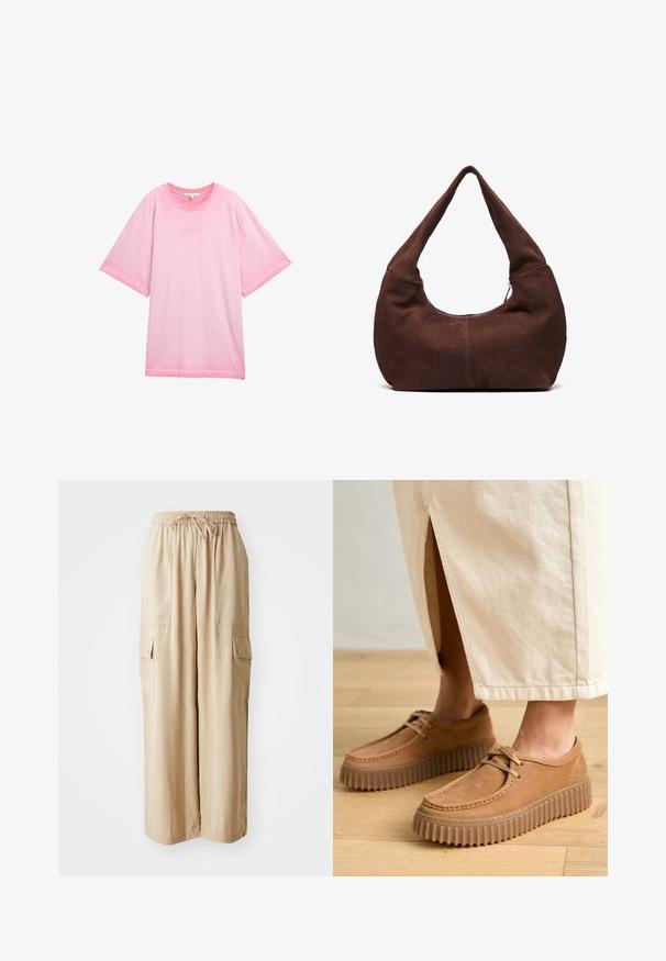 Rosa übergroßes T-Shirt aus weicher Baumwolle. Besitzt einen runden Halsausschnitt und kurze Ärmel mit dem Aufdruck "GUTE DINGE WACHSEN" auf der Vorderseite.; Beige weite Cargo-Hosen aus leichtem Stoff. Verfügen über einen elastischen Bund, eine Kordel und seitliche Taschen mit Klappen.; Hellelederschuhe mit einer strukturierten Oberfläche, runder Zehenform und dicken, geriffelten Sohlen. Die Schnürsenkel und die Nähte heben das Design hervor.; Braune Wildleder-Hobo-Tasche mit einem gebogenen, breiten Griff und einer großen Öffnung. Weiche Textur mit sichtbaren abgesteppten Details entlang der Kanten.
