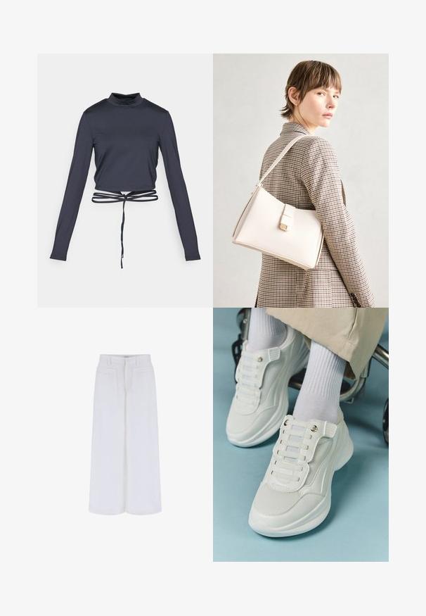 Jūrų laivyno trumpas ilgos rankovės marškinėliai, su aukštu apykakle ir pritaikomu raišteliu juosmenyje. Lygi, elastinga medžiaga su prigludusiu dizainu.; Baltos plačios kelnės su lygiu paviršiumi, turinčios dvi priekinės kišenes ir mygtuko užtraukimą, sukurtos laisvam prigludimui.; Baltos sportbačiai su tinklelio medžiaga, guminiais padais, be raištelių dizainu su elastinėmis juostelėmis ir auksinėmis detalėmis.; Balto odos rankinė su struktūrizuotu dizainu, turinti magnetinį užsegimą ir petnešą, demonstruojama prieš neutralią foną.