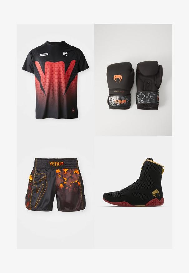 Črna in rdeča kratkotrajna majica s kratkimi rokavi z geometrijskim vzorcem, ki ima na prsih velik rdeč grafični element in logo.; Črne in oranžne Venum kratke hlače s sijočim finišem, kontrastnimi kamuflažnimi vzorci in elastičnim pasom z logotipom.; Športni čevlj z visokim zgornjim delom, izdelan iz črnega mrežastega in sintetičnega materiala, z teksturiranimi poudarki, rdečim gumo podplatom in zlatimi detajli na gležnju.; Črne boksarske rokavice z mat površino in ergonomsko zasnovo. Detajli v oranžni barvi in zapestnice v vojaškem vzorcu.