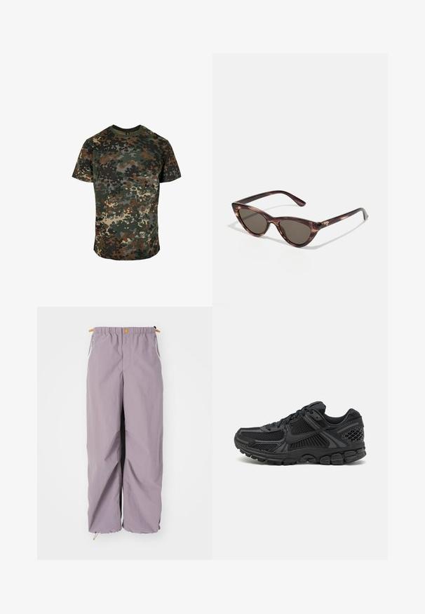Maskovací tričko vyrobené z bavlny s vícetonovým vzorem v zelené, hnědé a černé barvě. Kulatý límec a krátké rukávy.; Světlé fialové větrové kalhoty s elastickým pasem, bočními zipy a stahovacími lemy; vyrobené z lehkého, voděodolného materiálu.; Černá sportovní bota s síťovinovým svrškem, gumovou podrážkou a texturovanými akcenty. Design zahrnuje výrazný systém šněrování a polstrovanou podrážku.; Sluneční brýle ve tvaru kočičích očí s tmavými skly a želvovinovým vzorem. Vyrobené z lehkého plastu, s štíhlými nožičkami a detaily loga.