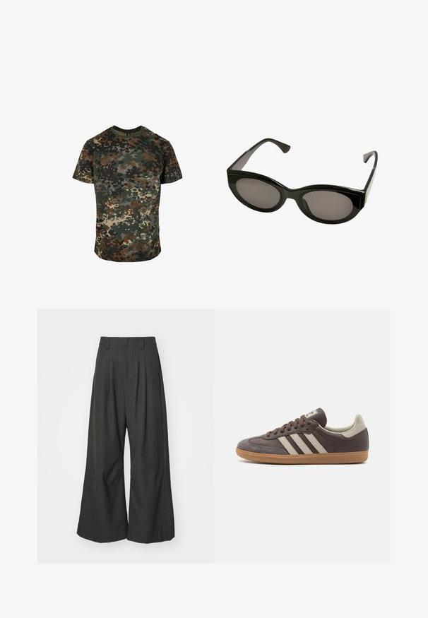 Kamuflāžas T-krekls, izgatavots no kokvilnas, ar daudzkrāsainu rakstu zaļā, brūnā un melnā krāsā. Ar apaļu kaklu un īsām piedurknēm.; Jaded London GOLIATH TROUSER UNISEX - Auduma bikses - grey; Brūni ādas snekeri ar trim gaismas krāsas svītrām, gumijas zole, noapaļota purngala daļa un teksturēti zamša akcenti uz papēža un purngala.; Melni saulesbrilles ar gludu apdari, ovālas lēcas un leņķainiem rāmiem. Dizains ietver biezas kājas un elegantu siluetu.