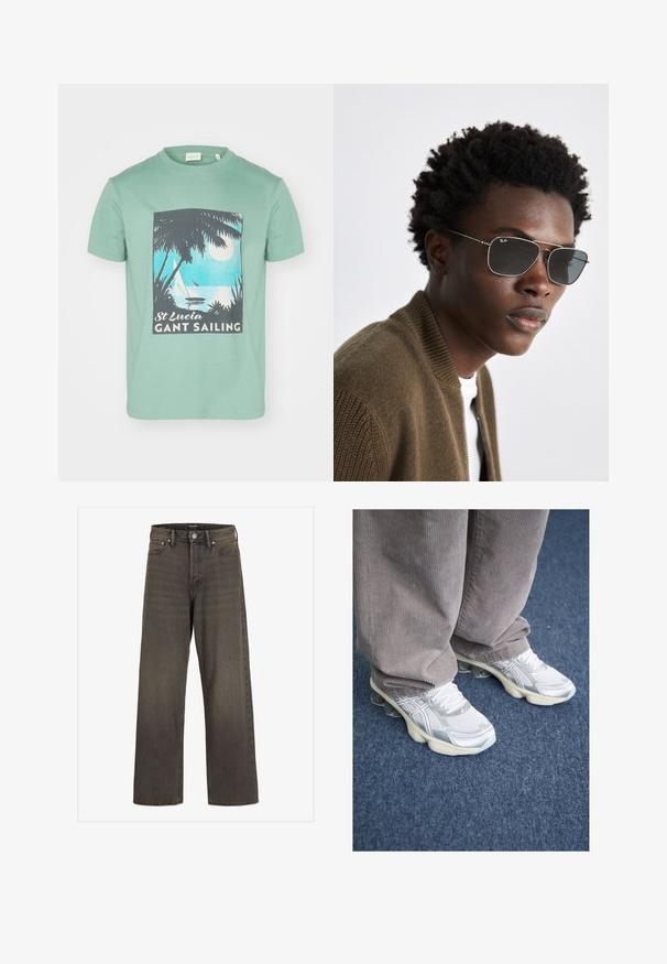 Mintgrön bomull t-shirt med ett grafiskt tryck av palmträd, en måne och segelbåtar, märkt "St Lucia GANT Sailing."; Breda jeans i mörkgrå denim, med hög midja, klassisk femficksdesign och kontrasterande sömmar längs sömmarna.; Vita atletiska skor i mesh med silveraccent, med tjock sula och snörningssystem. Bärs med grå manchesterbyxor. Blått mattbakgrund.; Solglasögon med en silverfärgad metallram, aviatorform och mörkt tonade linser. Stylad med en ribbad brun bomberjacka.