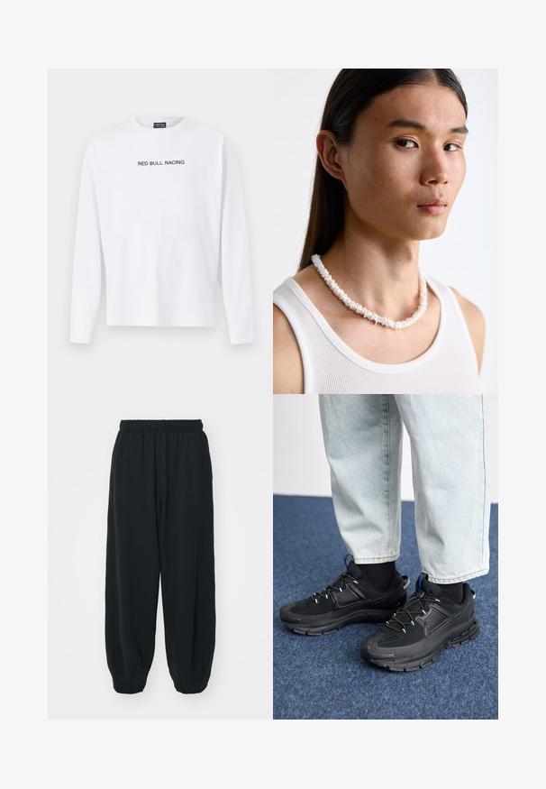 Balta garām piedurknēm T-kreklu, izgatavotu no kokvilnas, ar melnu uzrakstu "RED BULL RACING", kas izdrukāts krūšu daļā. Ar apaļu kakla izgriezumu, brīvā piegriezumā.; Melnas sporta bikses ar elastīgu jostasvietu, brīvu piegriezumu, aprocēm ap potītēm, gludu tekstūru, un bez redzamām rakstu vai aparatūras akcentiem.; Melni sporta apavi ar strukturētu audumu un gumijas zoli, ar elastīgām auklām un zilu akcentu uz papēža. Nēsāti ar gaišām džinsu biksēm.; Balta čaulu kaklarota, kas sastāv no neregulārām formām, valkāta virs pieguļošas baltas topiņas. Gluda tekstūra ar smalku spīdumu, cieši piegulošs dizains.