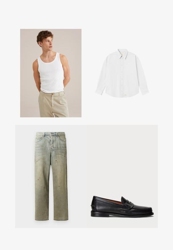 Top in cotone bianco con scollo tondo e spalline larghe, abbinato a pantaloni beige chiaro con bottone e pieghe.; Camicia bianca con colletto classico, maniche lunghe e orlo arrotondato; presenta un piccolo logo arancione sul lato sinistro in basso.; Jeans in denim strappato di colore verde chiaro, con gamba dritta, design a cinque tasche, sbiaditure irregolari e schizzi di vernice.; Mocassino in pelle nera con punta arrotondata, dettagli cuciti e una fascia decorativa sul davanti. Suola piatta con profilo minimal.