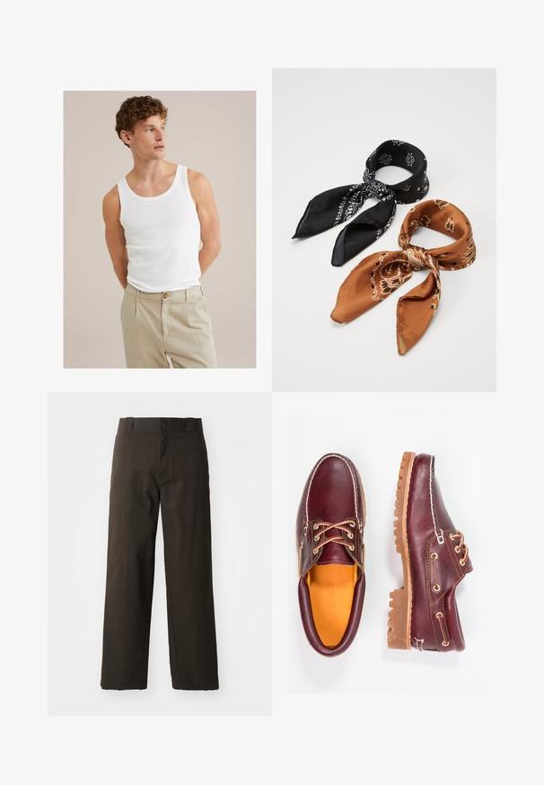 Valge puuvillane tank top ümarate kraega ja laia rihmaga, koos heleda beeži pükste paariga, mis on varustatud nupu ja volangidega.; Mustad puuvillased püksid sirge jala disainiga, kellel on nööbi sulgemine ja klassikaline vöökoht. Sile tekstuur, ilma mustrite või aktsentideta.; Burgundia nahkkingad pruunide kummitaldadega, ümmarguse varbaga, valge tikandi ja kuldsete silmadega. Siseosa on kollase voodriga.; Kaks mustritud sallid: üks must valgete mustritega, teine pruun oranžide aktsentidega. Mõlemad on valmistatud satäänist ja neil on teravad otstest.