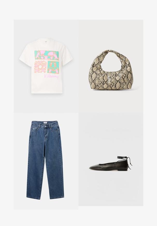 GAP ART TEE - Apdrukāts T-krekls - new off white; Klasiskie zili džinsi ar taisnu kāju dizainu, pieciem kabatām un pogu aizdari. Iezīmējas ar vidēju mazgāšanu un izturīgu tekstūru.; Melnas ādas baleta kurpes ar smailu purngalu, potītes saitēm un plakanu zoli, kas izceļas ar gludu tekstūru un minimālistisku dizainu.; Čūsku raksta soma ar izliekto rokturi. Izgatavota no teksturētiem, bēšiem un brūniem materiāliem, ar izteiksmīgu dimanta rakstu.