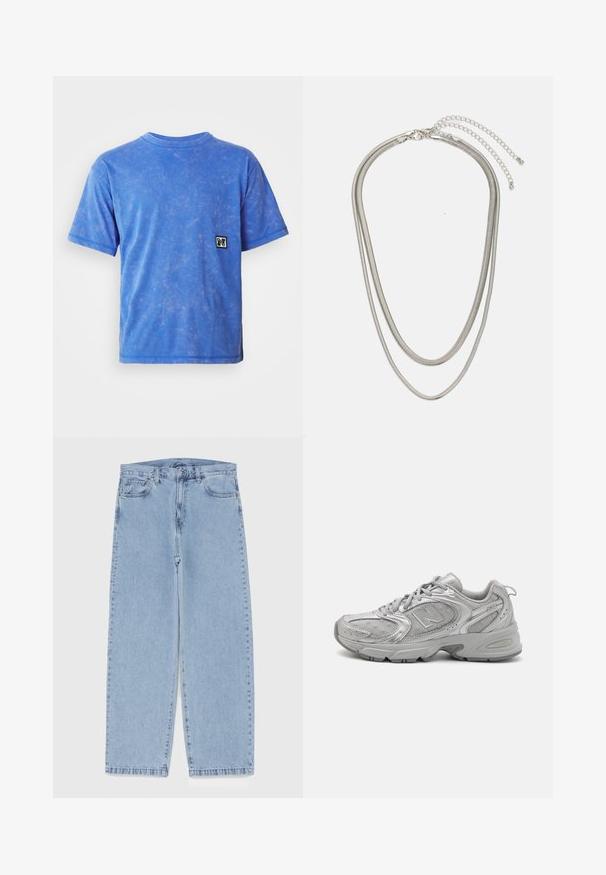 Blå kortermet T-skjorte laget av myk stoff, med en falmet tekstur og et lite svart-hvitt logo-patch på venstre bryst.; Lyseblå denimjeans med rett ben-design, med mid-rise liv, fem lommer og knap og lynlås lukning.; Sølv idrettssko med et strømlinjeformet design, mesh-paneler, polstret tunge, strukturert syntetisk overdel og gummisåle for godt grep.; Tre-lags sølvmetallkjede med elegante, fleksible kjeder med en svak glans, sikret med en krabbe-lås og justerbar kjede.