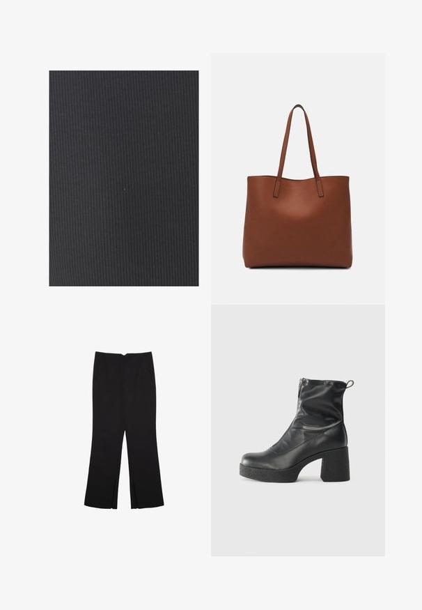 Struktureret sort stof med lodret ribbing. Materialet ser strækbart og glat ud, hvilket gør det velegnet til tætsiddende tøj eller polstring.; Sorte bukser med lige pasform, der har frontlommer og slidser i kanten. Lavet af blødt, glat stof. Velegnet til forskellige anledninger.; Sorte ankelstøvler lavet af glat læder, med en sidelukning, kraftig struktureret hæl og rundt tådesign.; Brun læder tote taske med en glat overflade, åben topdesign og to skulderremme. Har minimal syning og ingen synlig hardware.