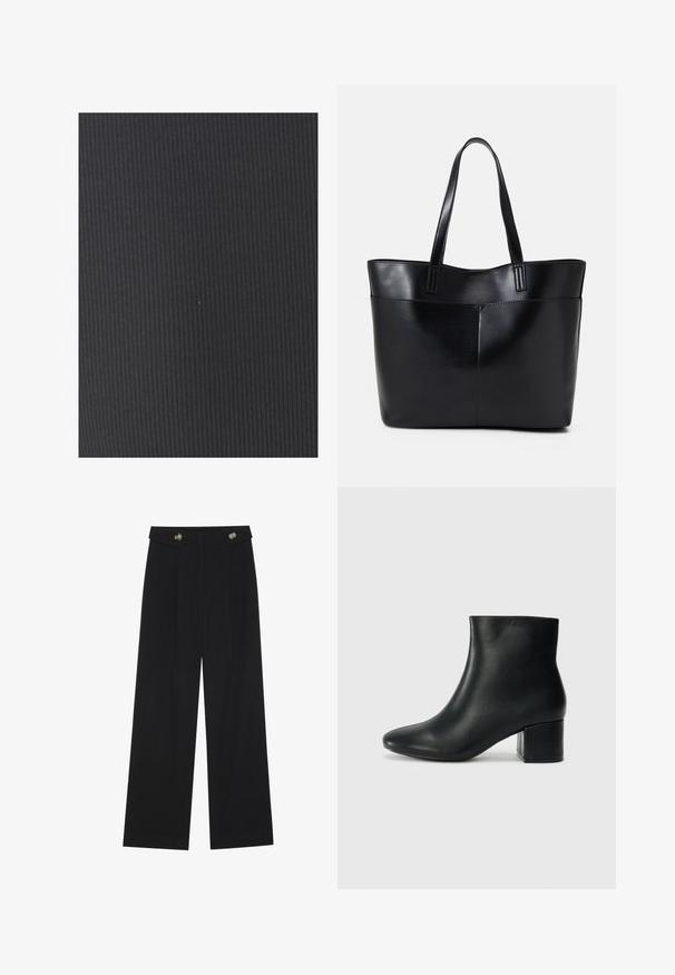 Tecido preto texturizado com riscas verticais. O material parece elástico e suave, adequado para roupas justas ou estofos.; Calças largas pretas com cintura alta, detalhes em botão na cintura e pregas frontais.; Botas de tornozelo em pele preta com bico pontiagudo e um salto robusto. Textura suave com acentos mínimos e um design ajustado e elegante.; Bolsa tote preta em couro com duas alças longas, textura suave e forma estruturada. Apresenta um bolso frontal para armazenamento adicional.