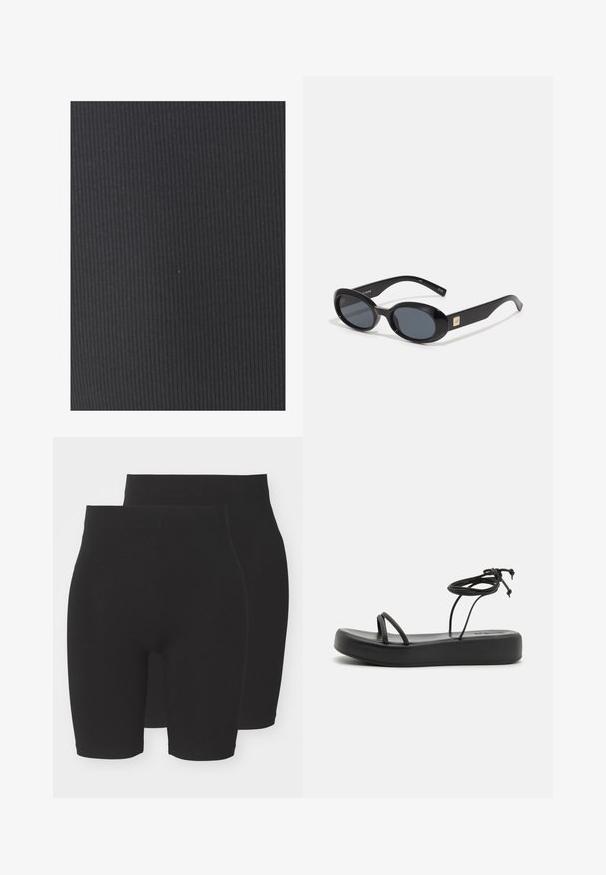 Struktureret sort stof med lodret ribbing. Materialet ser strækbart og glat ud, hvilket gør det velegnet til tætsiddende tøj eller polstring.; Sorte strækshorts i et ensfarvet design med en mellem-høj talje og en glat, blød tekstur. Kommer i en pakke med to.; Sorte flade sandaler med en bred sål, tynde stropper og en justerbar snøring ved anklen. Glat struktur med et minimalistisk design.; Sorte ovale solbriller med mørke linser, glansfuld plastikramme, brede arme og en lille gul accent på den ene side.