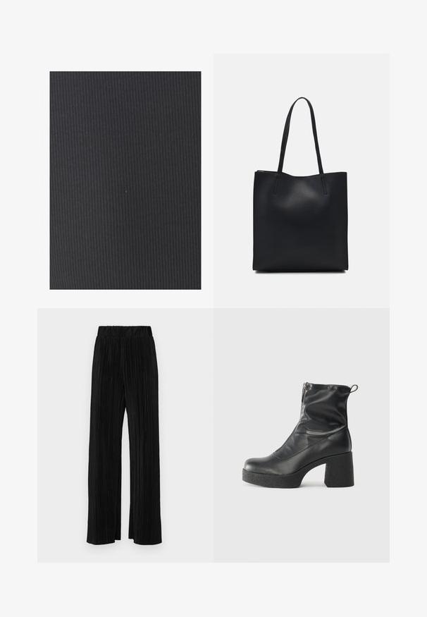 Textūruotas juodas audinys su vertikaliu raštu. Medžiaga atrodo elastinga ir lygi, tinkama prigludusiems drabužiams ar apmušalams.; Juodi plisuoti kelnės su elastine juosta. Turėkite plačias kojas ir glotnų, tekstūrinį audinį su vertikaliais dryžiais.; Juodos kulkšninių botai, pagaminti iš lygaus odos, su šoniniu užtrauktuku, masyviu tekstūruotu kulnu ir apvaliu pirštu.; Juodas odinis tote krepšys su lygia tekstūra, stačiakampio formos ir dviem ilgais rankenomis. Matomų metalinių detalių ar puošybos nėra.