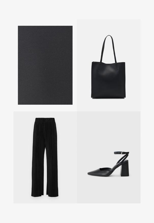 Texturált fekete szövet függőleges bordázással. Az anyag rugalmasnak és simának tűnik, alkalmas testre simuló ruházathoz vagy kárpitozáshoz.; Fekete pliszírozott nadrág gumis derekkal. Széles lábakkal rendelkezik, sima, texturált anyagból készült, függőleges csíkokkal.; Fekete bőr, hegyes orrú magassarkú cipő boka pánttal és vastag sarokkal. Sima textúra, elegáns dizájn és minimális esztétika.; Fekete bőrtáska sima felszínnel, téglalap alakú, két hosszú füllel. Nincs látható fémkiegészítő vagy díszítés.
