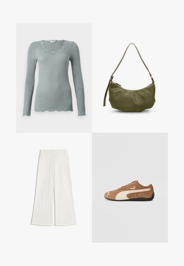 Maglietta a maniche lunghe a coste in verde tenue con scollatura ondulata rifinita in pizzo. Tessuto morbido e design aderente.; Pantaloni a gamba larga bianchi realizzati in tessuto morbido. Presentano una vita alta e nessuna cucitura visibile, creando una silhouette pulita.; Sneaker bassa in suede marrone con accenti crema, superficie texture, suola in gomma nera e logo ricamato sul lato e sulla linguetta.; Borsa a spalla in pelle verde oliva con forma curva, chiusura con zip e tracolla regolabile. Texture liscia con minimi dettagli in metallo.