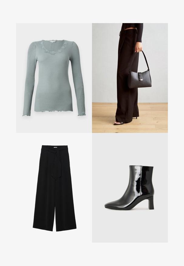 Long-sleeve, ribbed top in muted green with a scalloped, lace-trimmed neckline. Soft texture and fitted design.; Black wide-leg pants featuring a textured fabric, an elastic waistband, and a detachable sash tie at the waist for adjustable fit.; Black patent leather ankle boot with a pointed toe and a mid-height block heel. Smooth texture and minimalist design.; Black handbag with structured shape, smooth texture, and a metallic clasp. Paired with wide black pants and open-toe sandals on wooden floor.