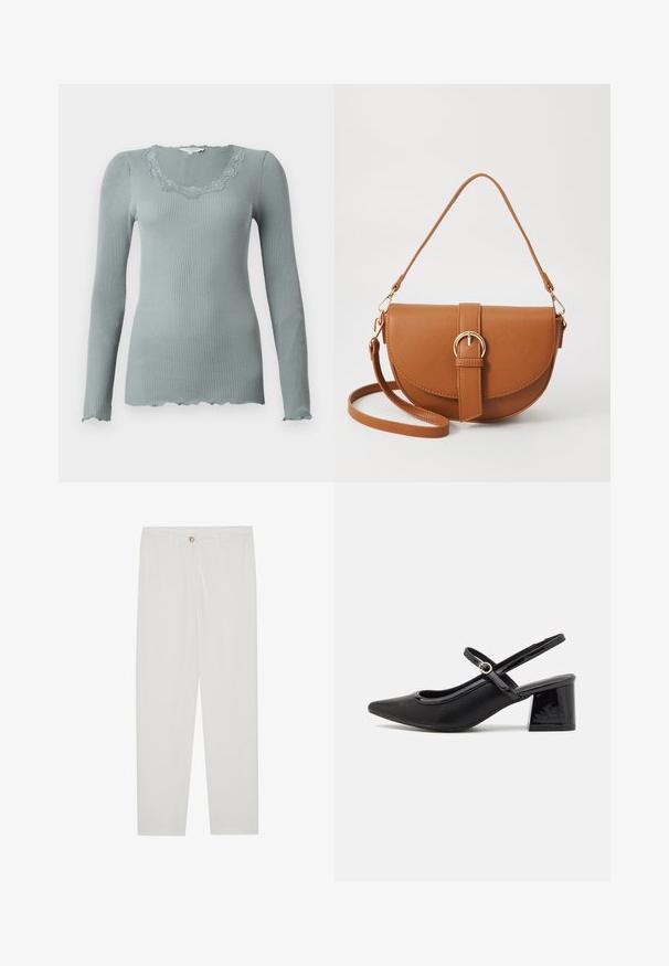 Dugi rukav, rebrasti top u prigušenoj zelenoj boji sa izrezom u obliku školjke i čipkastim detaljima. Mekana struktura i kroj koji se prilagođava tijelu.; Bijele, krojene hlače ravnog kroja, s kopčanjem na dugme, petljama za remen i bočnim džepovima; glatka tekstura tkanine.; Crne lakirane slingback visoke potpetice s šiljastim vrhom, zaobljenim izrezom i blok potpeticom. Sadrži akcent zlatnog tona s kopčom.; Smeđa kožna torba preko tijela s zakrivljenim oblikom, zlatnim metalnim detaljima i naglaskom na kopču. Ima odvojivu naramenicu.