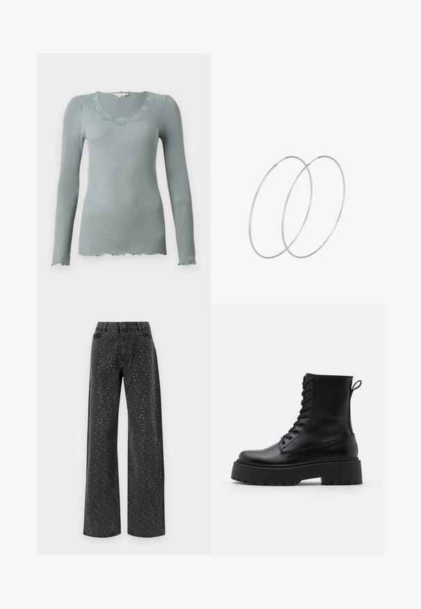 Langärmliges, geripptes Oberteil in gedämpftem Grün mit einem Wellenrand und Spitzenbesatz am Ausschnitt. Weicher Stoff und figurbetonter Schnitt.; Noisy May NMJANNEL LOOSE - Jeans Relaxed Fit - black denim; Schwarze Lederstiefeletten mit runder Zehenpartie, Schnürung vorne und einer dicken Gummisohle mit strukturiertem Profil. Mit Zugschlaufe an der Rückseite.; Silberne Creolen mit minimalistischem Design. Rundform, glatte Oberfläche und dünnes Profil. Leichtgewichtig mit hochglänzender Oberfläche.