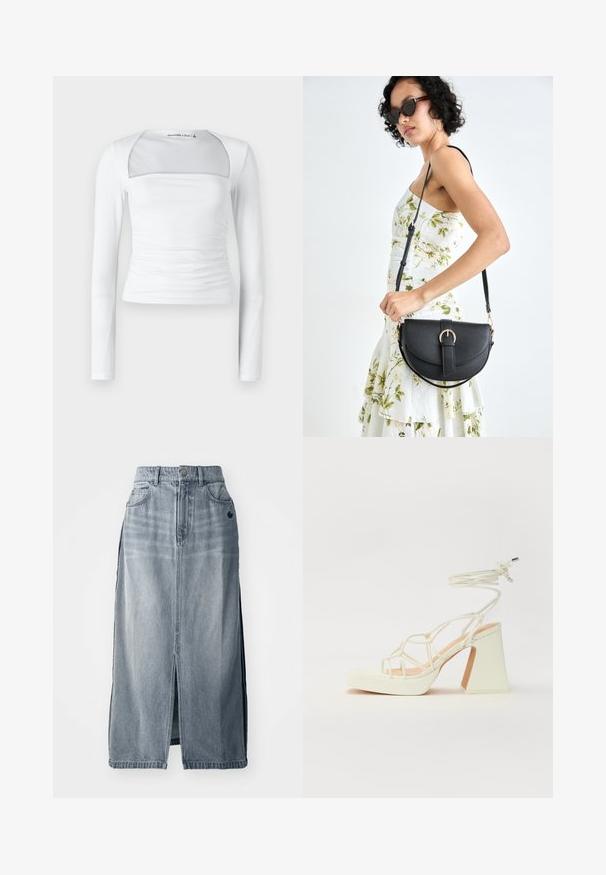 Fehér, hosszú ujjú felső négyzet alakú kivágással, áttetsző panellel, összegyűrt oldali részletekkel és sima, rugalmasságot biztosító anyaggal.; Világoskék farmer szoknya elöl hasítékkal, két zsebbel és logó részlettel. Magas derék és egyenes vonalvezetés jellemzi, tartós anyagból készült.; Fehér, magassarkú szandál vastag sarokkal, pántos dizájnnal és bokapánttal. Sima textúra, elülső platformmal a megnövelt magasság érdekében.; Fekete bőrtáska ívelt formával, levehető pánttal és arany színű fémrészekkel. A táskán egy csattal díszített fedél található.