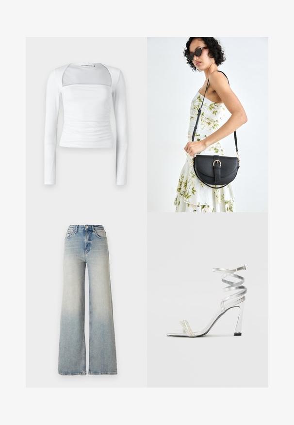 Hvit langermet topp med firkantet utringning, med et gjennomsiktig panel, innsamlede sidedetaljer og glatt elastisk stoff.; Lyseblå vide jeans laget av denim, med høy midje, fem lommer og synlige sømmer langs sømmene.; Sølv høyhælte sandaler med et glitrende stroppdesign, som har en perle-lignende akcent og en spiralformet ankelstropp for sikker passform.; Svart lærveske med en buet form, avtagbar stropp og gullbeslag. Vesken har et klaff med spenne-detall.