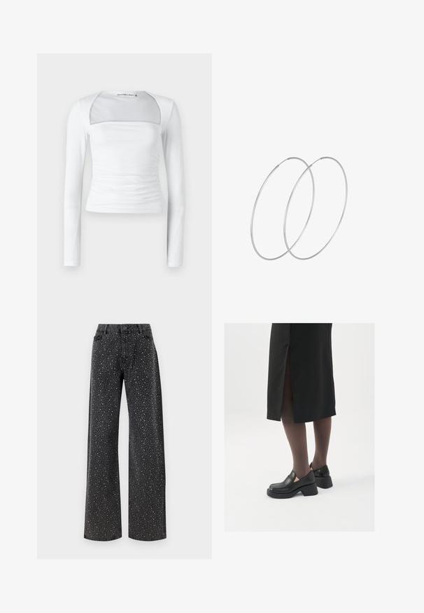 Bijela bluzica dugih rukava sa kvadratnim izrezom, s prozirnom panelom, nabranim detaljima sa strane i glatkim rastezljivim materijalom.; Noisy May NMJANNEL LOOSE - Traperice opuštenog kroja - black denim; Crne kožne cipele s zaobljenim vrhom, debelim blok petama i elastičnim bočnim detaljima, uparene s tamnim čarapama i crnom suknjom s prorezom.; Srebrne okrugle naušnice s minimalističkim dizajnom. Kružni oblik, glatka tekstura i tanak profil. Lagane s poliranim završetkom.