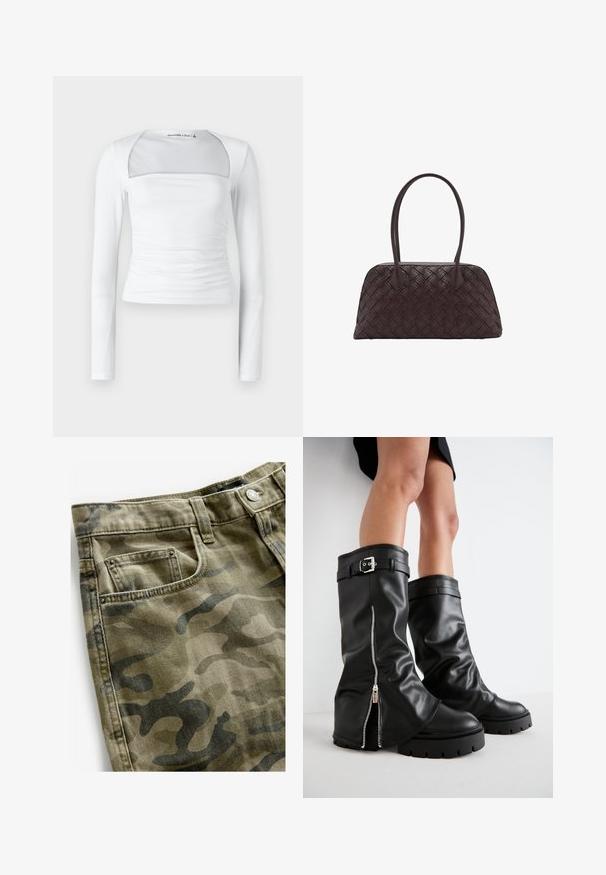 Bílý dlouhý rukáv top s čtvercovým výstřihem, s průhlednou panelem, na bocích nařasené detaily a hladká elastická tkanina.; Next Džínové kraťasy - camo print; Černé kožené holínky do výšky kolen s širokou holení, s bočním zipem a akcentem na přezku, texturovaným povrchem a robustní gumovou podrážkou.; Tkaná hnědá kožená kabelka zaobleného tvaru, s dvojitými horními uchy a hladkým povrchem; obsahuje jemné prošívání jako designový detail.