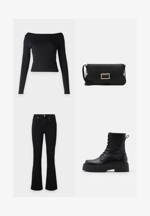 Must mustärk, pikad varrukad ja küljest avatud kaelus. Valmistatud sujuvast ja venivast kangast. Lühike disain ja sobiv siluett.; Mustad flared teksasaapad, millel on keskmise tõusuga vöökoht, eesmine taskud ja nupplikuga kinnistus. Sile tekstuur minimaalse õmbluste detailidega.; Mustad mustad nahast pahkluu saapad ümarate varvastega, nööridega esiosas ja paksu kummist talla ning tekstuuritud mustriga. Tagumine tõmbeaas.; Must haben musta nahkklahviga kott, millel on klapp ja kuldne metallist pandla detail. Kaasas must rihm ja stiilne, minimalistlik disain.