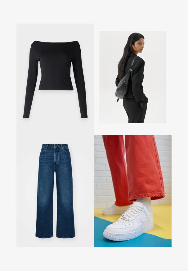 Juoda, ilgomis rankovėmis palaidinė su petį apnuoginančiu iškirpimu. Pagaminta iš lygaus, tamprumo turinčio audinio. Trumpas modelis su prigludusia siluetu.; Aukšto liemens, platėjantys džinsai tamsiai mėlynos džinsinės medžiagos su lygia tekstūra, kontrastingomis siūlėmis ir penkių kišenių dizainu. Priekinis mygtukų užsegimas.; Baltos odinės kedų sportbačiai su perforuotu pirštu, tekstūruota pado dalimi ir baltais raišteliais, derinami su plačiomis raudonomis kelnėmis ir mėlynos bei geltonos spalvų fono kompozicija.; Moteris su ilgais tamsiais plaukais, vilkinti juodą kostiumą, nešanti juodą odinę rankinę per petį, žvelgia per petį prieš balto fono.