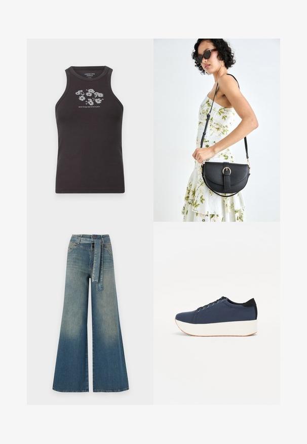 Tumši pelēks bez piedurknēm topiņš, izgatavots no ribota auduma, ar baltu ziedu izšuvumu un tekstu "labas lietas prasa laiku, lai izaugtu" centrā zemāk.; Platām kājām džinsu bikses ar gaismas līdz tumši zilam gradientam, augstu jostas līniju, jostas cilpām un atbilstošu auduma jostu. Tekstūrēts džinsas apdare.; Navy zilo apavi ar strukturētu auduma augšdaļu, baltu platformas zoli, noapaļotu pirkstu daļu un melnu papēža akcentu. Iekļautas sešas acs caurumi šnuķēšanai.; Melnas ādas rokassoma ar izliekta formu, noņemamu siksnu un zelta aksesuāriem. Somai ir vāciņš ar sprādzes detaļu.