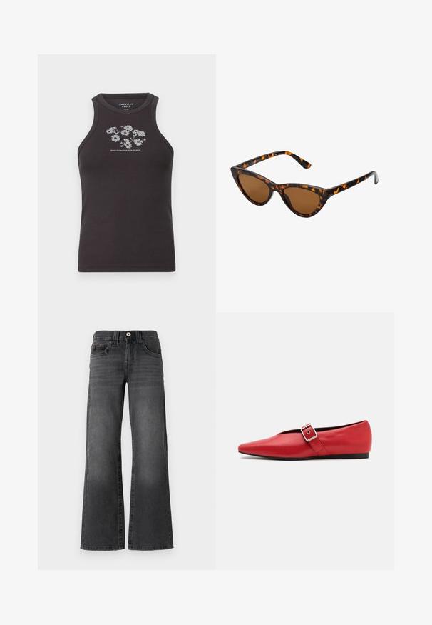 Tumehall värv ribikangas ilma varrukateta top, millel on valged lillede tikandid ja tekst "head asjad võtavad aega kasvada", mis on tsentreeritud all.; Laial jalgevahega teksad tumedast hallist denimist. Omavad viit taskut, nööbi sulgemist ja kangal peent kulumist. Klassikaline õmbluste aktsent.; Punane nahast lameda tallaga king, millel on terav nina, külje peal rihm metallklambriga ja madal must konts. Ühtlane sile tekstuur.; Kassi vormiga prillid musta ja oranži kilpkonnakujulise raami, pruunide läätsede ja elegantsete teravate otstega. Templi juures on minimaalne logo.