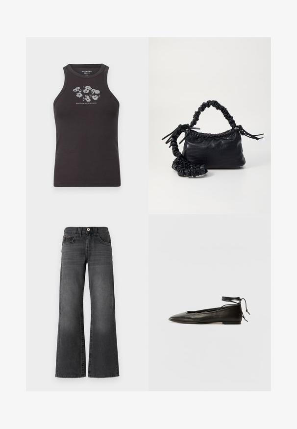 Tmavosivý bezramienkový top vyrobený z rebrovanej látky, s bielou kvetinovou výšivkou a textom "dobre veci trvajú na raste" umiestneným v strede pod výšivkou.; Džínsy s voľným strihom v tmavosivej džínovine. Obsahujú päť vreciek, gombíkový uzáver a jemné vyblednutie látky. Klasické prešitie ako akcent.; Čierne kožené baletky s špicatou špičkou, viazaním okolo členka a plochou podrážkou, s hladkou textúrou a minimalistickým dizajnom.; Čierna umelá kožená kabelka s kroko vzorom, sťahovaným vrchom a zhnutým popruhom. Vyzerá mäkko a kompaktné v dizajne.