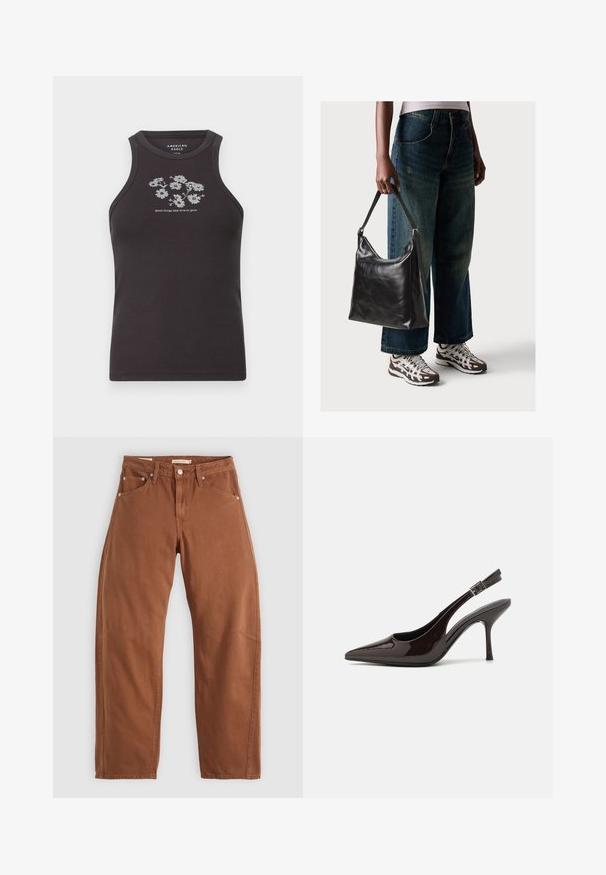 Mørk grå ermeløs tank topp laget av ribbestrikket stoff, med hvit blomsterbroderi og teksten "gode ting tar tid å vokse" sentrert under.; Rostbrune rett-skaftede jeans med front- og baklommer, metallnitter, knappeåpning og beltehemper, lagt flatt på en hvit bakgrunn.; Slingback høyhælte sko i blankt mørkebrunt patentlær, spiss tå, åpne sider og justerbar ankelrem.; Sort skinnveske med en glatt tekstur og justerbar stropp, kombinert med falmede vide jeans og atletiske sneakers.