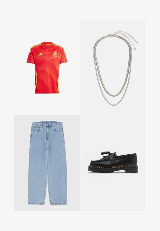 Camisola atlética vermelha com mangas curtas, apresentando um design texturizado, detalhes amarelos e o logo da seleção nacional de futebol de Espanha.; Jeans de denim azul claro com design de perna reta, apresentando uma cintura de altura média, cinco bolsos e um fecho de botão e zíper.; Mocassim de couro preto com um detalhe de franjas, apresentando uma sola preta robusta e costura amarela ao longo da borda. Acabamento texturizado.; Colar de metal prateado em três camadas, com correntes flexíveis e elegantes que possuem um leve brilho, fechado com um fecho de lagosta e corrente ajustável.