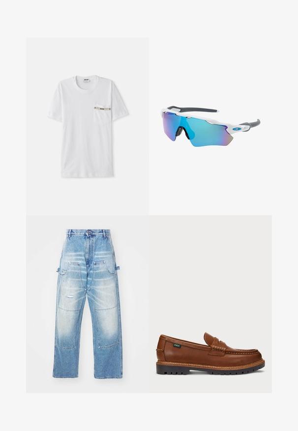 Fehér pamut póló rövid ujjal, kerek nyakkivágással és bal oldali mellzsebbel, ezüst színű díszítéssel, amelyen a "MOSCHINO" felirat található.; Világoskék farmernadrág laza szabással, több zsebbel, megviselt részletekkel és kopott hatással. Egyenes szárú kialakítás.; Barna bőr mokaszin díszes varrással és texturált orral. Az talpa strapabíró kialakítással rendelkezik, amely tapadást és tartósságot biztosít.; Fehér keretű napszemüveg, szürke díszítéssel és kék tükörlencsékkel. Sportos dizájn, körbeölelő forma és állítható orrtámasz.