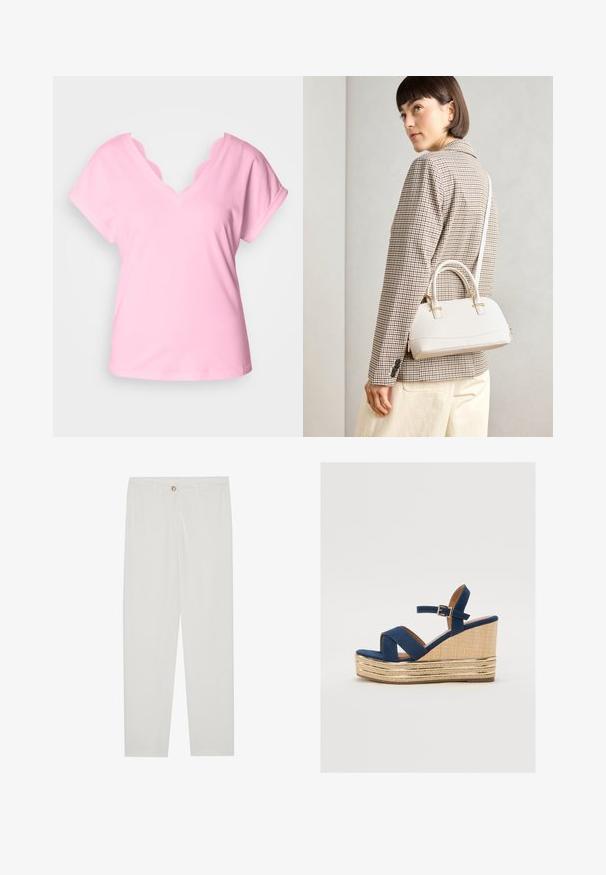 Rosa V-hals t-skjorte med korte ermer, har bølget blonderkant ved halsen. Laget av myk bomull, ensfarget, løs passform.; Hvite, skreddersydde bukser med rette ben, med knapplukking, beltehemper og sidelommer; glatt tekstur.; Marineblå kilehæl sandal med kryssende stropper, en teksturert plattform av naturlig fiber og en gullmetallisk detalj på bunnen.; Hvit strukturert håndveske med korte håndtak og skulderreim, med detaljer i gullfinish og teksturert materiale, vist mot en grå bakgrunn.