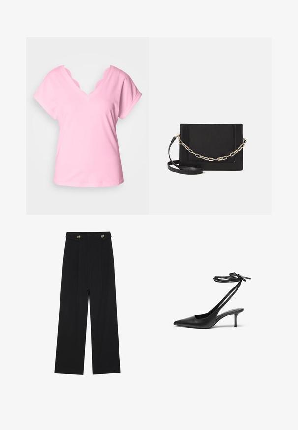 Vaaleanpunainen V-pääntie t-paita, jossa on lyhyet hihat ja joka on varustettu sahalaitaisella pitsireunuksella kaula-aukossa. Valmistettu pehmeästä puuvillasta, yksivärinen, rento istuvuus.; Mustat leveälahkeiset housut, joissa on korkea vyötärö, napit vyötärönauhassa ja etupuolella laskokset.; Mustat nahkaiset stiletto-kengät, joissa on terävä kärki, avoin takaosa ja nilkkahihnat solmittuina rusetiksi. Kapea 3-tuumainen korko. Tasainen pinta, minimalistinen muotoilu.; Musta nahkainen olkalaukku, jossa on sileä pinta, suorakulmainen muoto ja metalliketju yksityiskohtana edessä. Mukana säädettävä hihna.