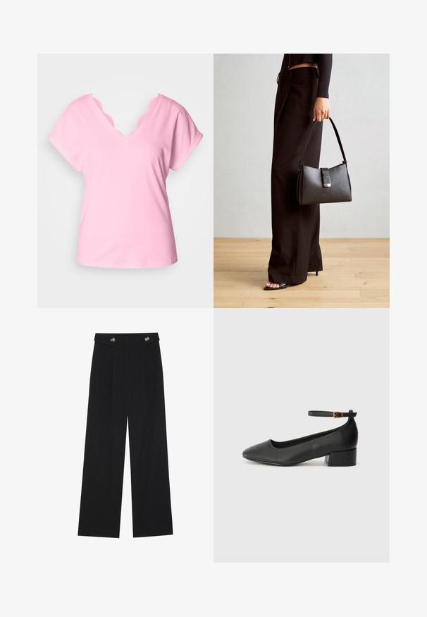 Pink V-neck t-shirt with short sleeves, features scalloped lace trim at neckline. Made of soft cotton, solid color, relaxed fit.; Black wide-leg trousers with high waist, button details on waistband, and front pleats.; Black leather pump with a pointed toe and a low block heel. Features an ankle strap with a gold-tone buckle. Smooth texture.; Black handbag with structured shape, smooth texture, and a metallic clasp. Paired with wide black pants and open-toe sandals on wooden floor.