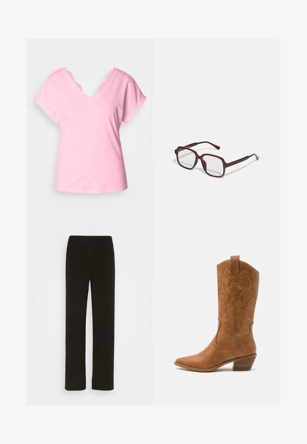 Roza majica s V-izrezom i kratkim rukavima, s resama od čipke oko izreza. Izrađena od mekog pamuka, jednobojna, opuštenog kroja.; Crne hlače ravnog kroja napravljene od tkanine, s ravnim prednjim dijelom, dva bočna džepa i glatkom teksturom. Nema vidljivih uzoraka ili akcenata.; Smeđe kožne kaubojke s oštrim nosom, izvezenim spiralnim uzorcima na gornjem dijelu i blok petom. Imaju potporu za lakše obuvanje.; Smeđe, pravokutne naočale s prozirnim lećama i ljubičastim nijansama. Glatki plastični okvir sa ravnim skrambljima i suptilnim akcentsima.; Zlatne okrugle naušnice s teksturiranim, nepravilnim oblikom. Imaju nevidljivo zatvaranje i polirani završni sloj, što naglašava moderan dizajn.