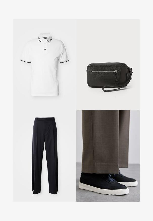 Emporio Armani Πόλο - off white fly; Μαύρο παντελόνι ψηλόμεσο με φαρδιά γραμμή, κατασκευασμένο από απαλό ύφασμα. Διαθέτει πιέτες εμπρός και θηλιές ζώνης. Μινιμαλιστικός σχεδιασμός, χωρίς ορατά αξεσουάρ.; Μαύρα σουέντ αθλητικά παπούτσια με λευκές καουτσούκ σόλες, με στρογγυλή μύτη και κορδόνια, φορεμένα με γκρι προσαρμοσμένα παντελόνια.; Μαύρη δερμάτινη τσάντα φάκελος με υφή, μπροστινή τσέπη με φερμουάρ και αποσπώμενη θηλιά στον καρπό. Διαθέτει λογότυπο μπροστά. Ορθογώνιο σχήμα.