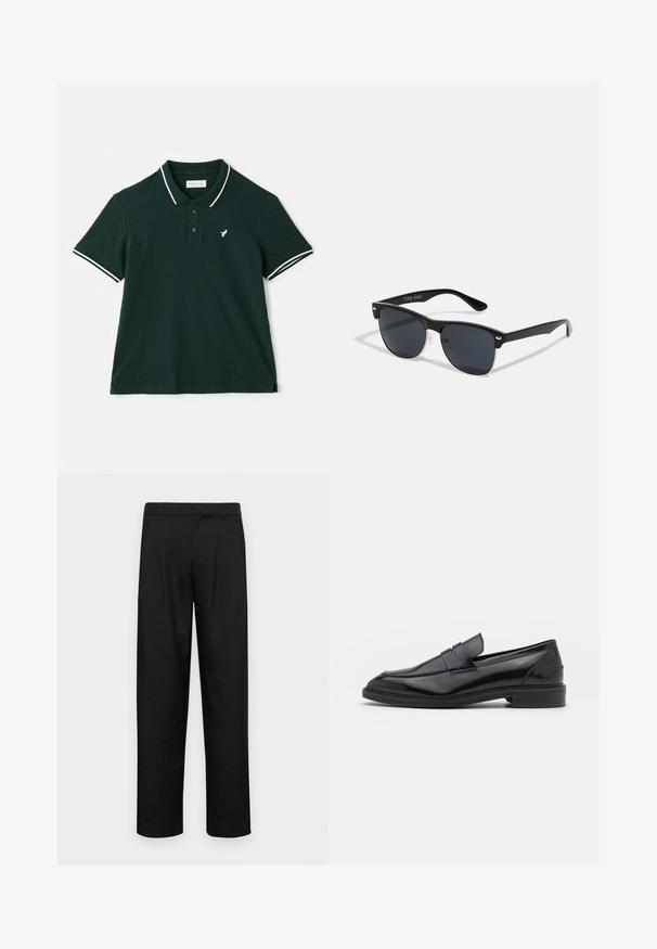 Pier One Polosärk - dark green; Mustad mustadest riietest, millel on sirge jalgade disain, kaks eesmist voltimist ja tavaline vöökoht, millel on vöökohad.; Mustad nahast loafers, millel on sile viimistlus, ümar varvas ja kitsas riba peal. Madal kühveldatud konts.; Mustad mustmikrooni kujuga mustad prillid, tumedate klaasidega, hõbedased detailid templite juures ja mati viimistlusega raam.