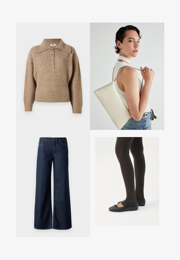 Brauner Pullover mit kragenförmigem Ausschnitt, gerippten Bündchen und Saum. Verfügt über eine Knopfleiste vorne und eine weiche Textur.; Weite Jeans in dunkelblauem Denim. Merkmale sind kontrastierende Nähte, fünf Taschen und ein Knopfverschluss an der Taille. Glatte Textur.; Schwarze flache Schuhe mit einem kleinen Schleifendetail an der Zehe, kombiniert mit dunkelbraunen gerippten Strumpfhosen. Die Schuhe haben eine glatte Textur und ein niedriges Profil.; Weiße rechteckige Clutch aus glänzendem Material mit einem silbernen Kettenriemen. Das Model posiert und präsentiert die Tasche vor einem schlichten Hintergrund.