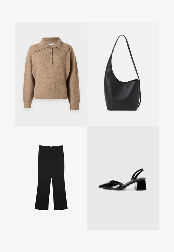 Smeđi pulover s ovratnikom, rebrastim manžetama i rubom. Ima kopčanje na gumbe sprijeda i mekanu teksturu.; Crne hlače ravnog kroja, s prednjim džepovima i bočnim prorezima na rubu. Izrađene od mekog i glatkog materijala. Pogodne za razne prigode.; Crne lakirane kožne sandale s otvorenom petom i špicastim vrhom, s geometrijskom blok petom. Imaju elegantan, minimalistički dizajn i glatku teksturu.; Crna kožna hobo torba s glatkom teksturom, zakrivljenim oblikom i jednom podesivom trakicom; ima širok otvor na vrhu.