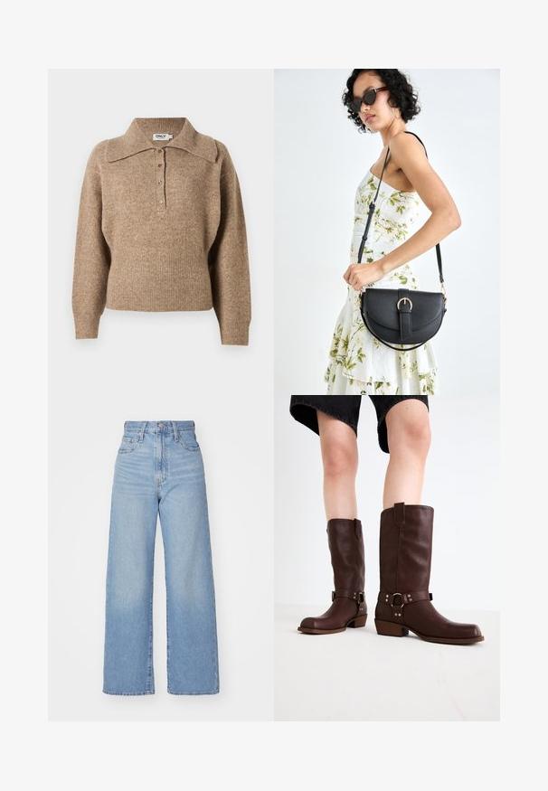 Pulôver castanho com gola, punhos e bainha canelados. Apresenta um fecho com botões na frente e uma textura suave.; Jeans de cintura alta e perna larga em azul claro, com fecho frontal de botão e zíper, bolsos frontais e traseiros, sobre um fundo branco.; Botas castanhas de couro até ao joelho, com biqueira arredondada, superfície texturizada, strap no tornozelo e detalhes em metal prateado; salto empilhado.; Bolsa de couro preta com forma curva, alça destacável e detalhes em dourado. A bolsa possui uma aba com detalhe de fivela.
