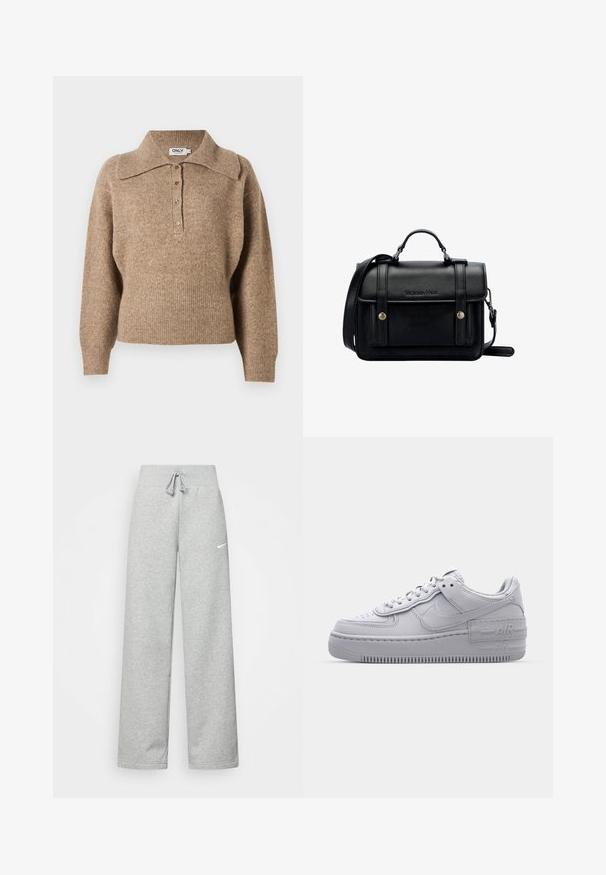 Smeđi pulover s ovratnikom, rebrastim manžetama i rubom. Ima kopčanje na gumbe sprijeda i mekanu teksturu.; Sive trenirke s elastičnim pojasom, detaljem za vezanje, i malim bijelim Nike logom na lijevom bedru. Mekana tkanina, širokog kroja.; Sivi Nike Air Force 1 tenisica s perforiranim prstima, glatkim kožnim gornjištem, debelim potplatom i urezanim 'AIR' detaljem na peti.; Crna kožna torba preko tijela sa strukturiranim dizajnom, gornjom ručkom, podesivim remenom, prednjim poklopcem i metalnim detaljima. Sadrži brendiranje sprijeda.