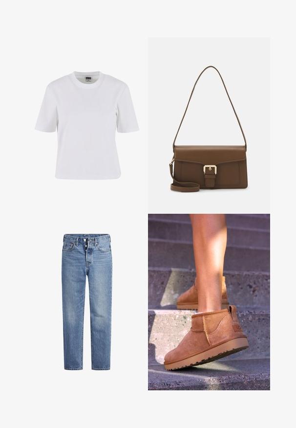 Balts īsām piedurknēm T-krekls, izgatavots no kokvilnas, ar apaļu kaklu, brīvu piegriezumu un gludu tekstūru ar minimālām šuvju detaļām.; Gaiši zila džinsu bikses ar taisnu griezumu, piecu kabatu dizainu un poga aizdari. Iespējamas nelielas izbalēšanas un apelsīnu diegu akcenti.; Dzeltenbrūnas zamšādas potīšu zābaciņi ar mīkstu tekstūru, izšūtu apdari un gumijas zoli, kas aprīkoti ar cilpu uz papēža ērtai uzvilkšanai.; Brūns ādas rokassomu taisnstūra formā, ar priekšējo vāku, zelta furnitūru un garu, regulējamu siksnu.