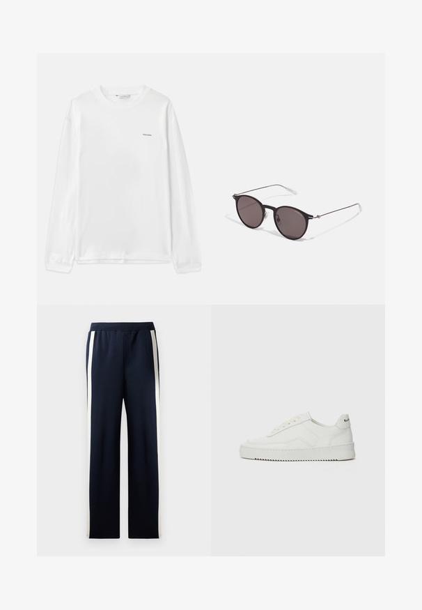 Weißes Langarmhemd aus Baumwolle. Hat einen Rundhals, gerippte Bündchen und ein kleines "Holzweiler"-Logo auf der linken Brust. Weicher Stoff.; Navy Sweatpants mit weitem Bein Design, ausgestattet mit vertikalen cremefarbenen Streifen an den Seiten. Hergestellt aus weichem, strukturiertem Stoff mit einem elastischen Bund.; Weiße Ledersneaker mit glatter Oberfläche, runder Zehenpartie, flachen Schnürsenkeln und strukturiertem Sohlenprofil. Mit einem dezenten Logo an der Ferse.; Schwarze runde Sonnenbrille mit dunklen Gläsern und schlanken Metallbügeln. Enthält klare Tempelspitzen und silberne Akzente am Scharnier. Minimalistisches Design.