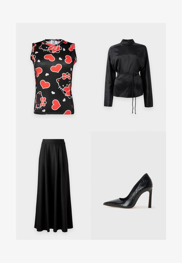 Top sin mangas negro con un colorido patrón de caras de Hello Kitty y corazones rojos. Hecho de una tela suave con un escote redondo.; Camisa negra de satén de manga larga con cuello alto, cintura ceñida y detalle de cordón ajustable. Textura suave con un acabado elegante.; Falda negra de longitud completa con una textura suave, cinturilla ancha y diseño plisado, sin patrones o adornos visibles.; Zapato de tacón alto negro con punta afilada y textura de piel de cocodrilo, que presenta un diseño elegante, un alto tacón de aguja y un interior negro suave.